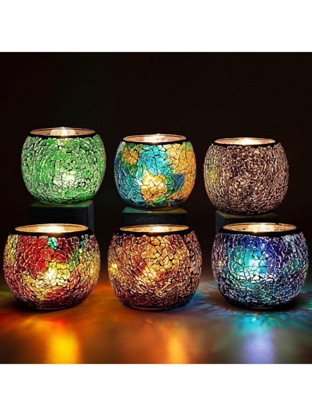 Set of 6 Stained Mosaic Tealight Candle Holders - Handmade Aromatherapy Decor
